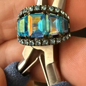 Vintage Kirks Folly Ring Size5/6 Brass Toned With AB Blue Rhinestones Used